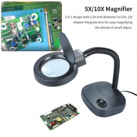 Bench Magnifier 10x/5x 3/8 Diopter Flexible Gooseneck LED Table Desktop Magnifying Glass Lamp Lens with 7-Grade Adjustable LED Light Lamp and Stand for Crafts Crafting Reading Engraving Welding Soldering