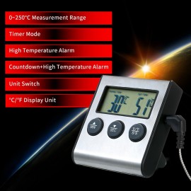 BBQ Grill Thermometer Food Thermometer 0~250°C Food Cooking Thermometer with Alarm Timer Function LCD Digital Food Temperature Gauge for Kitchen BBQ Steak Barbecue