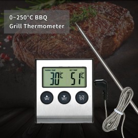 BBQ Grill Thermometer Food Thermometer 0~250°C Food Cooking Thermometer with Alarm Timer Function LCD Digital Food Temperature Gauge for Kitchen BBQ Steak Barbecue