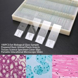 100PCS/Set Biological Glass Sample Prepared Basic Animal Plants Insects Tissues Science Specimen Cover Slips Portable Educational Microscope Slides