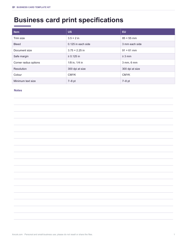 Preview of Printable Business Card Specification Sheet